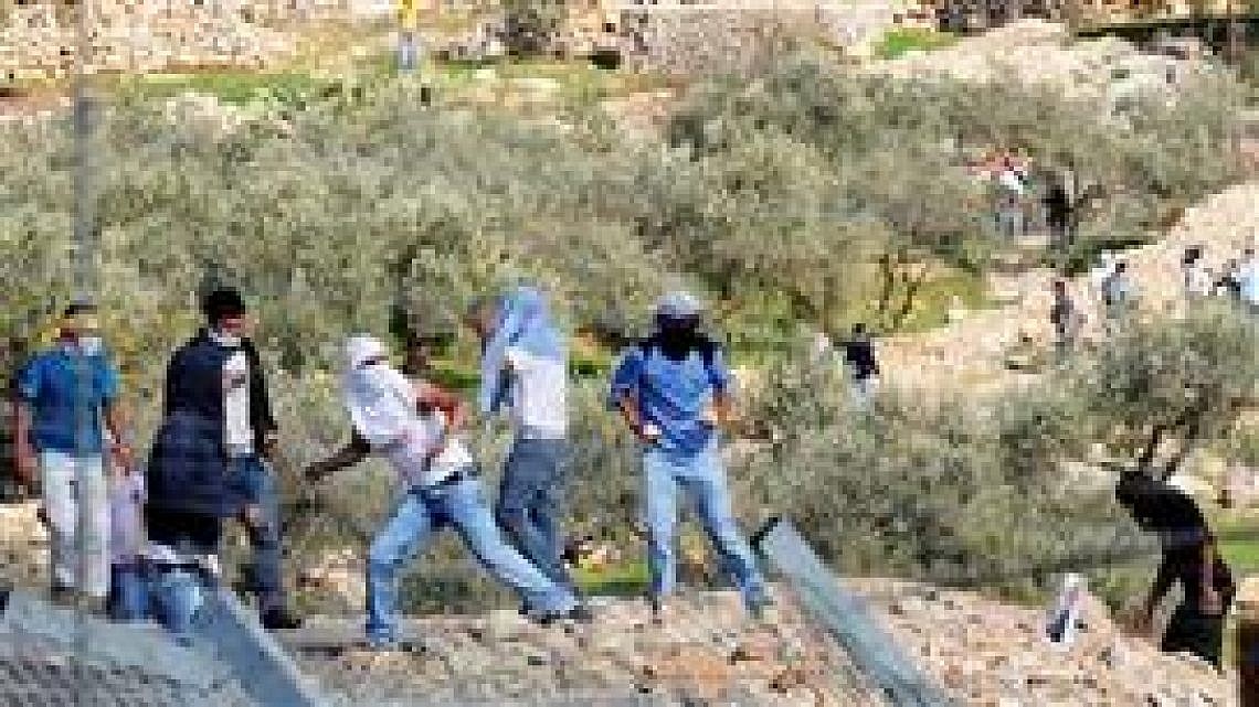 פלסטינים מיידים אבנים. צילום: דובר צה"ל (מתוך ויקיפדיה)