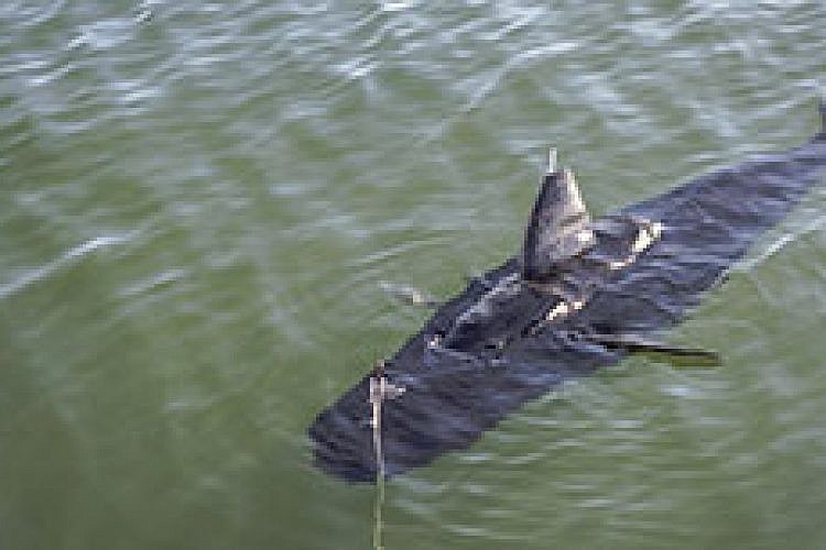 ה־GhostSwimmer קשור למזח במהלך הניסויים 
צילום: Edward Guttierrez/ הצי האמריקאי