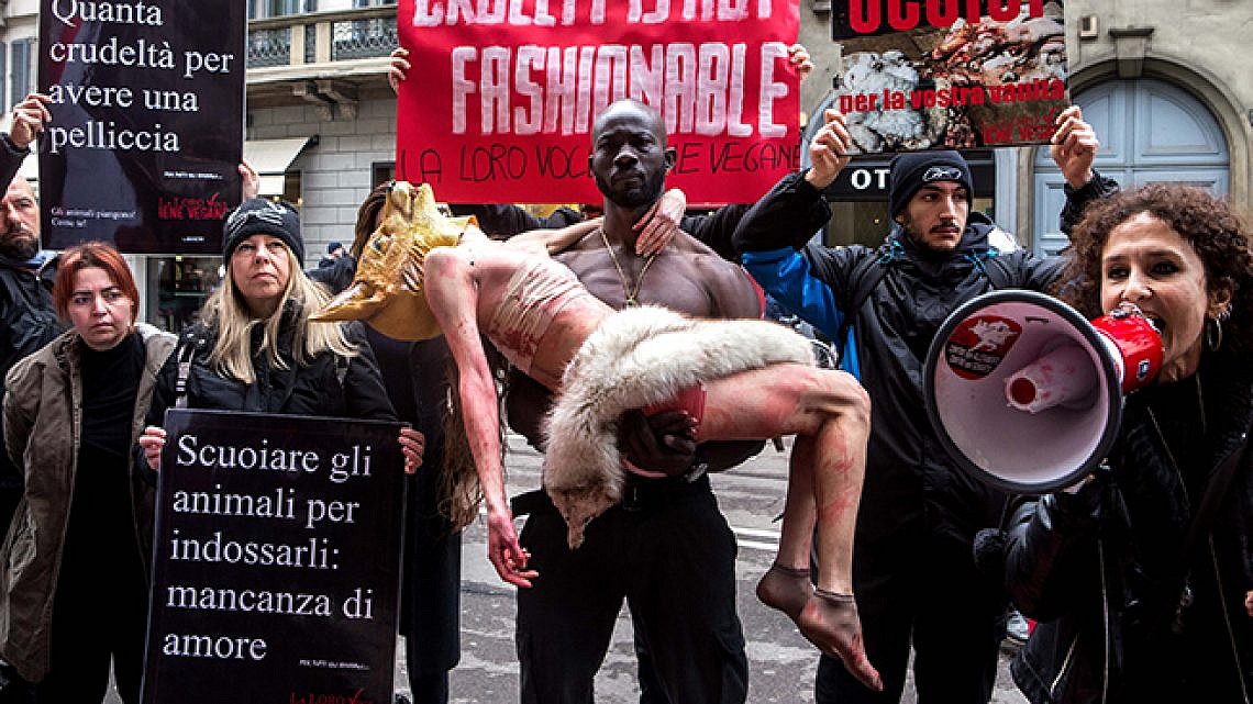 מפגינים נגד מעילי פרווה בשבוע האופנה במיאלנו. צילום: Getty Images