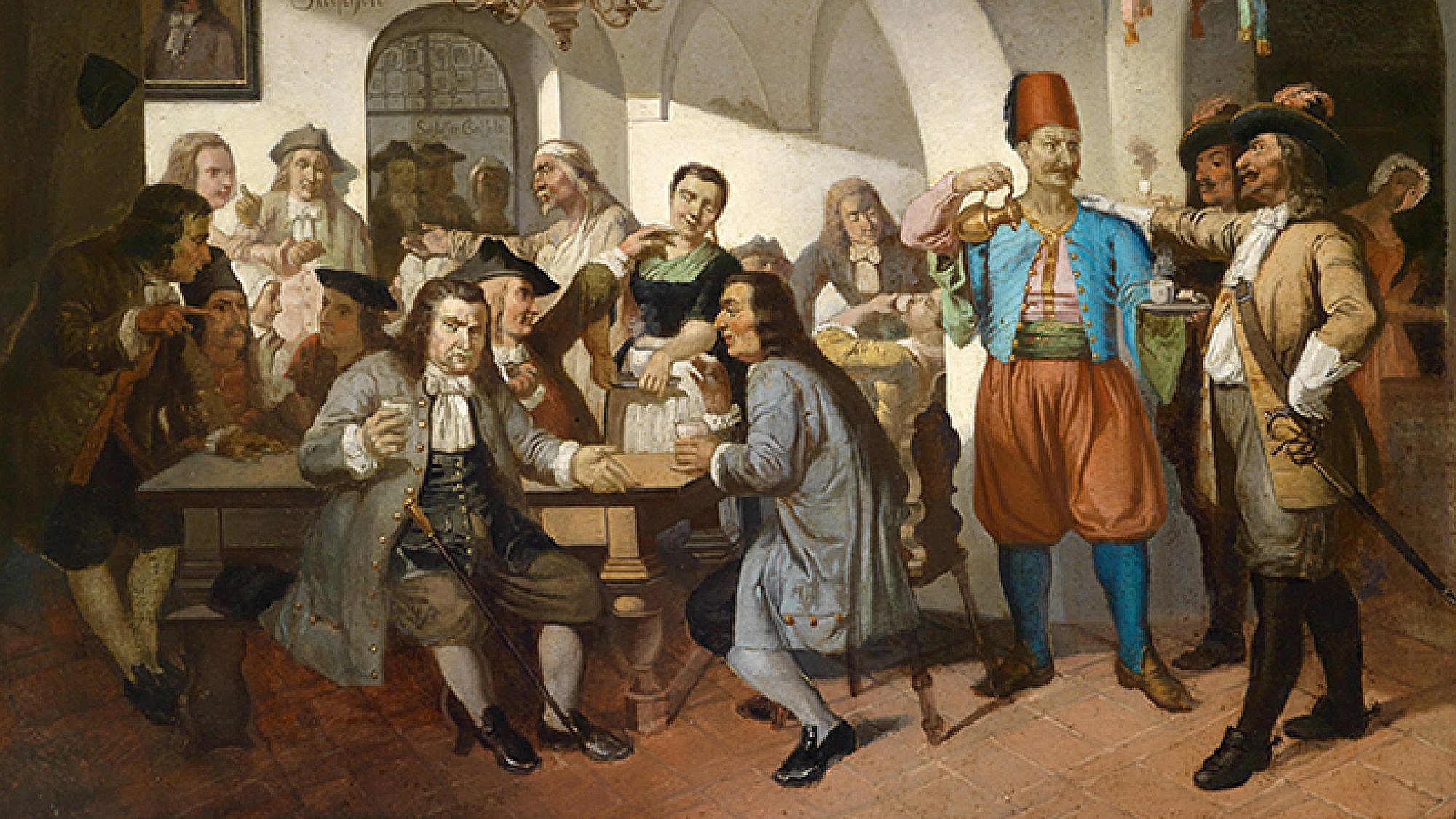 דיונים על פוליטיקה ומסחר בית קפה מסוף המאה ה-19. Zuden blauen Flaschen painting