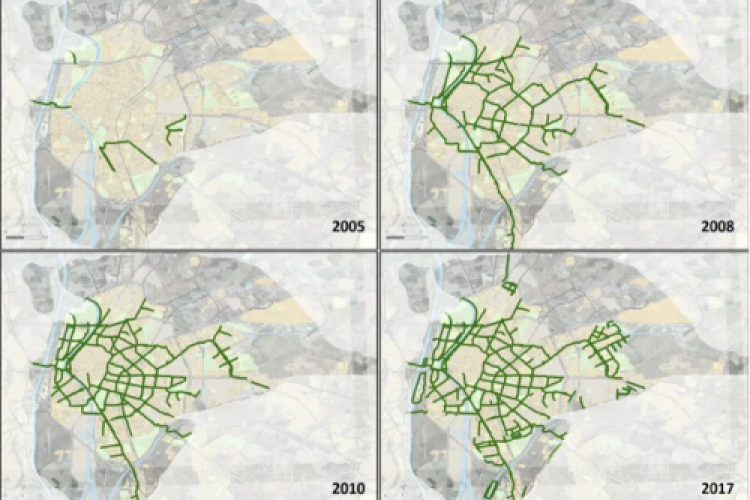 התפתחות רשת נתיבי האופניים בסביליה. מתוך StreetsBlog USA