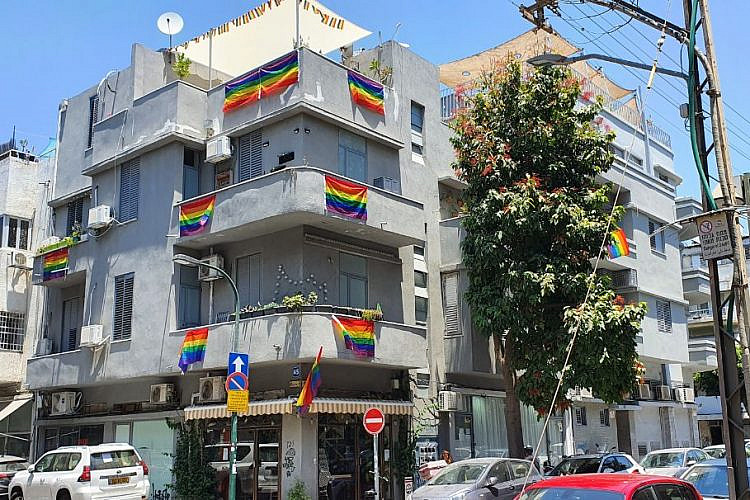 עשרה דגלי גאווה, ועוד אחד מאחורי העץ. שכונת פלורנטין בדרום תל-אביב, יוני 2021 (צילום: אורי וולטמן)