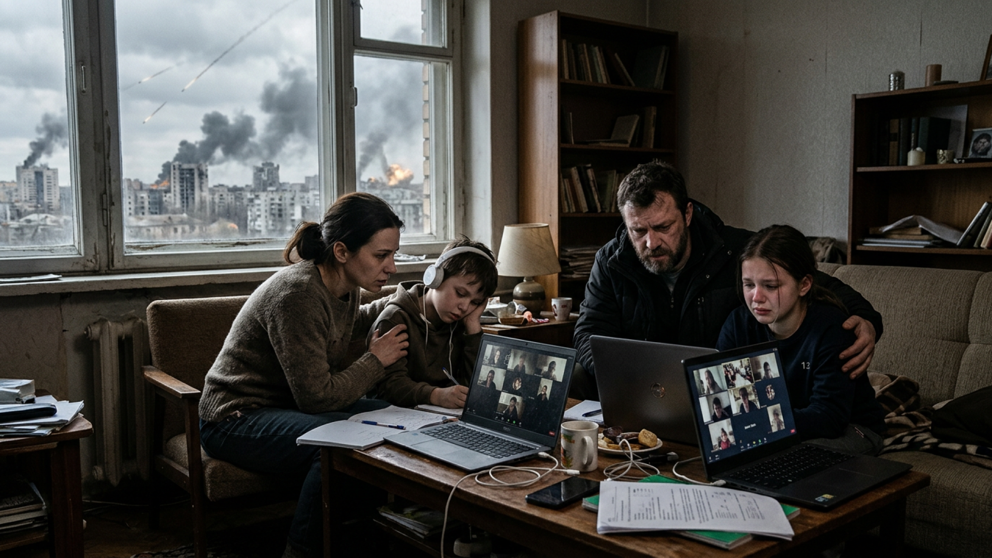 את הזום הזה אי אפשר להפסיק. משפחה במלחמה (אילוסטרציה: Perplexity)