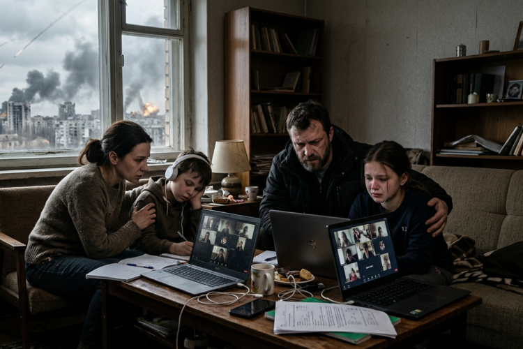 את הזום הזה אי אפשר להפסיק. משפחה במלחמה (אילוסטרציה: Perplexity)