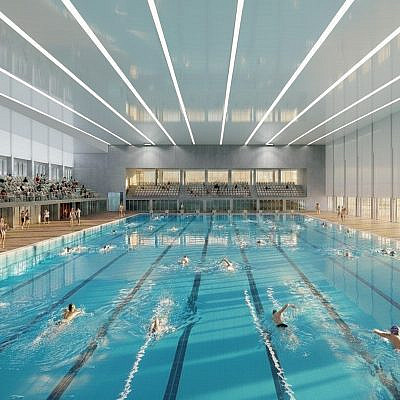 הבריכה האולימפית בהדר יוסף (הדמיה: מזור פירשט אדריכלים)