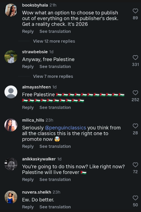 פחות התחברו להוצאה החדשה. התגובות בעמוד של פינגווין (צילום מסך: אינסטגרם) פחות התחברו להוצאה החדשה. התגובות בעמוד של פינגווין (צילום מסך: אינסטגרם)