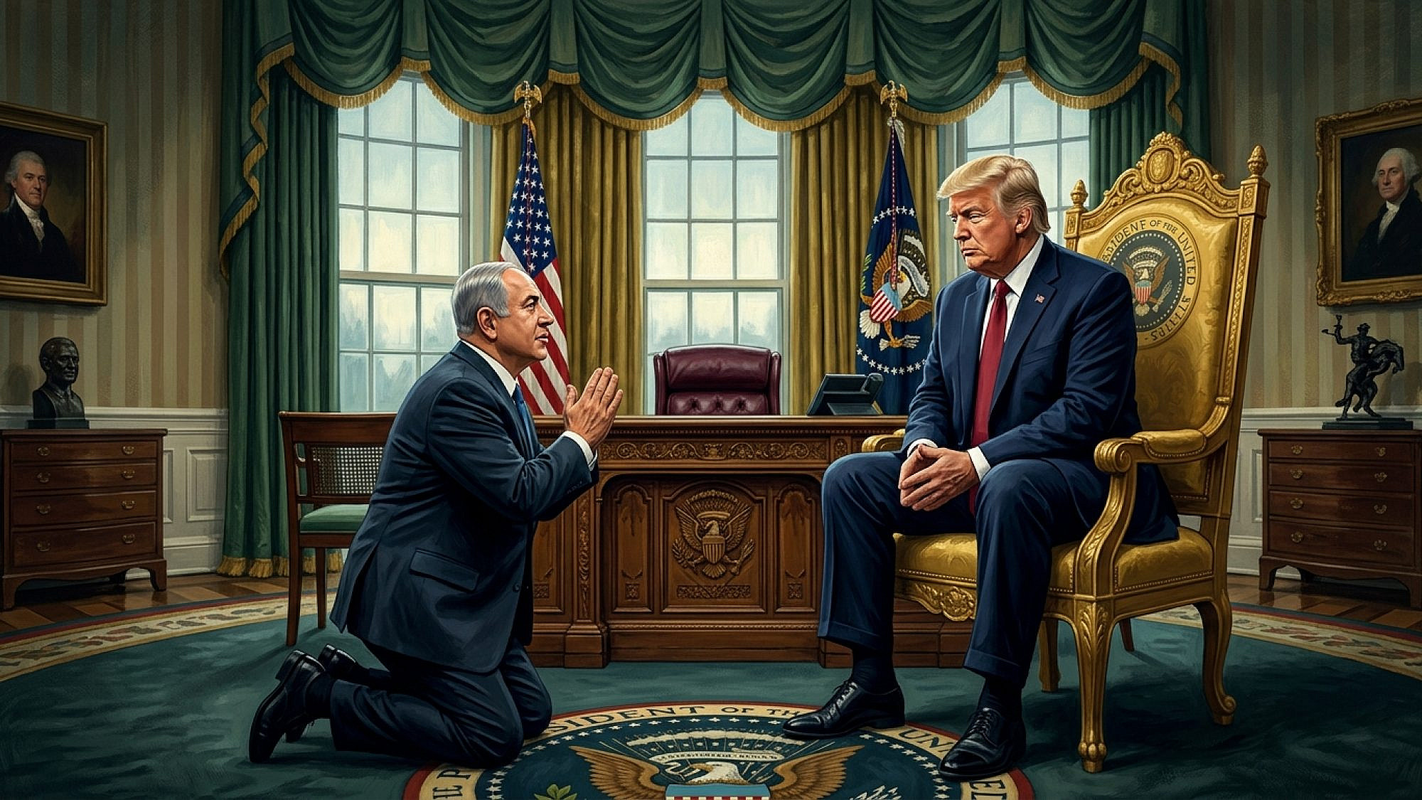 נחמד שעוזרים לו, אבל מי יעזור לנו? נתניהו מתחנן לטראמפ, אילוסטרצייה (איור: AI ג'מיני) נחמד שעוזרים לו, אבל מי יעזור לנו? נתניהו מתחנן לטראמפ, אילוסטרצייה (איור: AI ג'מיני)