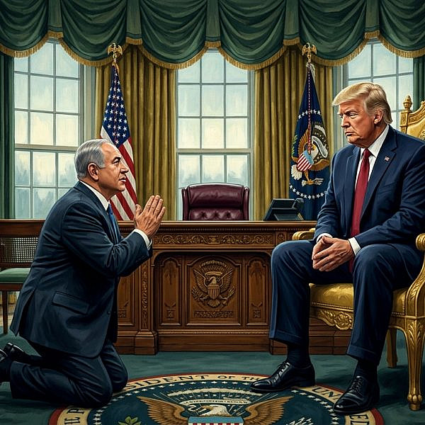 נחמד שעוזרים לו, אבל מי יעזור לנו? נתניהו מתחנן לטראמפ, אילוסטרצייה (איור: AI ג'מיני)