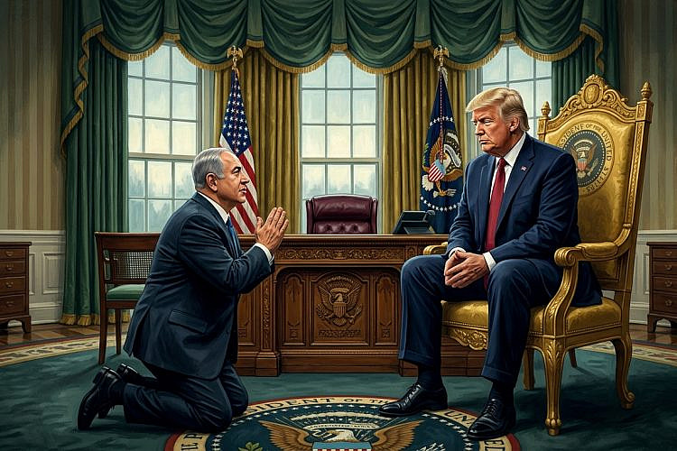 נחמד שעוזרים לו, אבל מי יעזור לנו? נתניהו מתחנן לטראמפ, אילוסטרצייה (איור: AI ג'מיני)